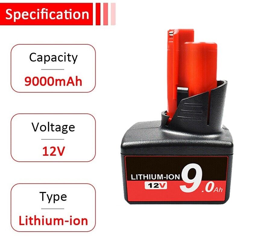 12V M12 Battery for Milwaukee Drill, Drive, Impact Wrench, Ratchet, Rotary